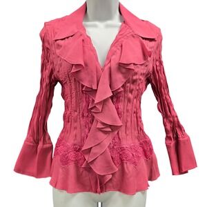 Vintage Y2K Fairy Pink Crepe Pleat Ruffle Blouse Lace Bell Sleeve V-Neck Top S